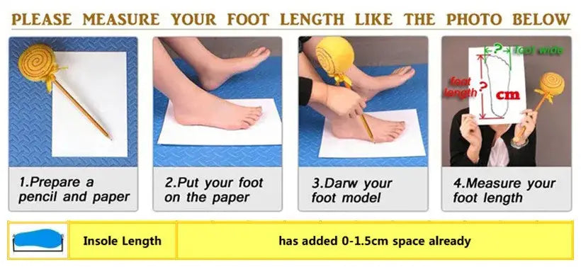 outil de mesure de pied en forme de petit lollipop jaune avec bâton en bois, présenté à côté de chaussures habillées à enfiler en cuir pour hommes, marron