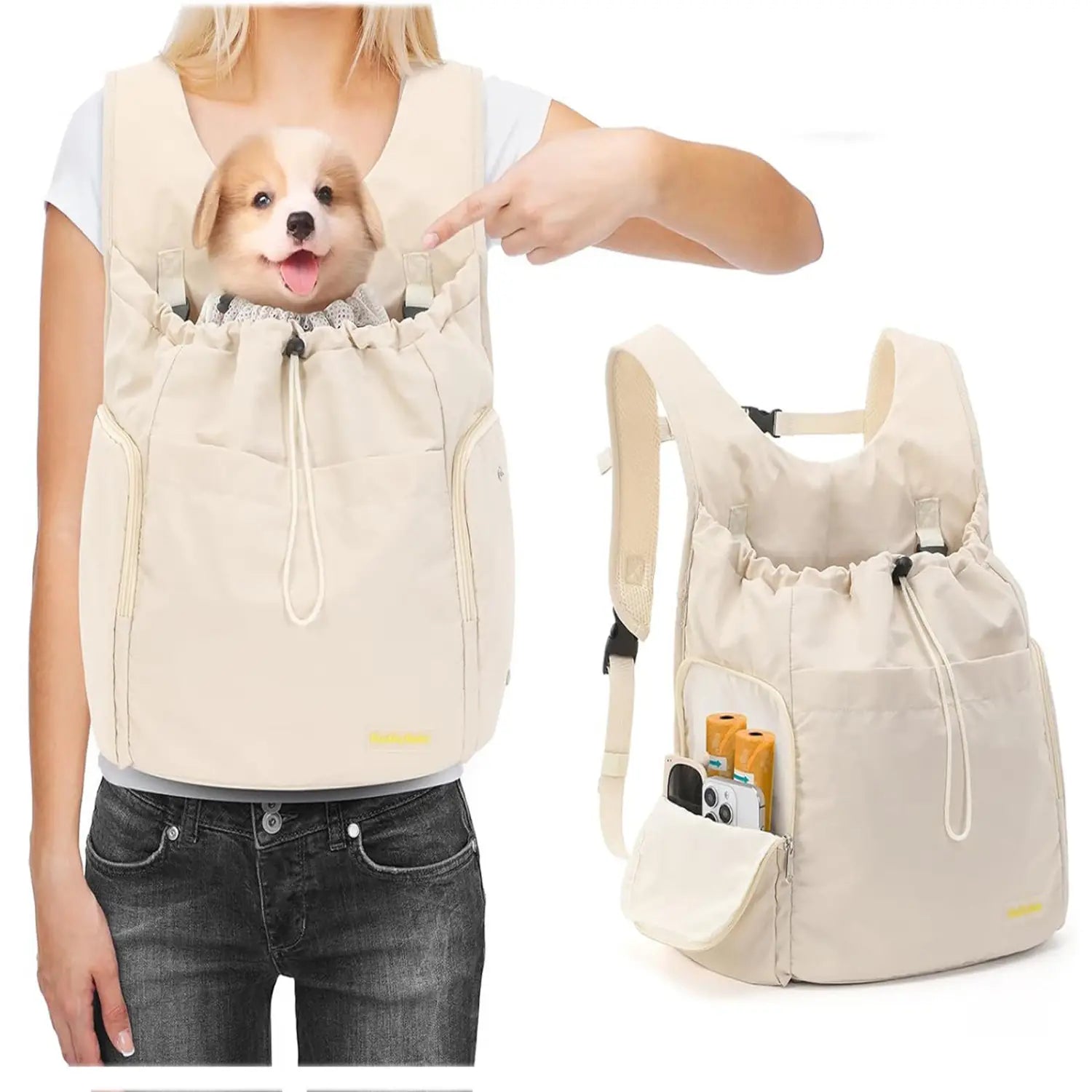 Sac à dos de transport pour animaux souple beige pour la poitrine, le cou et le dos, pour chats et chiens, avec bretelles réglables et poche avant, conçu pour un transport confortable de petits chiens.