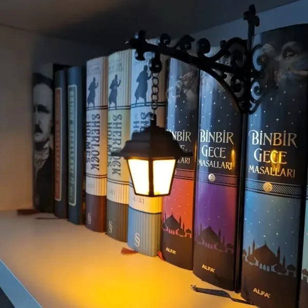 Ghost Bookshelf Lantern Vintage Hanging Mini Library Lamp Scrollwork Bracket Bookend Style Decor Light Warm Ornate Desk Lighting