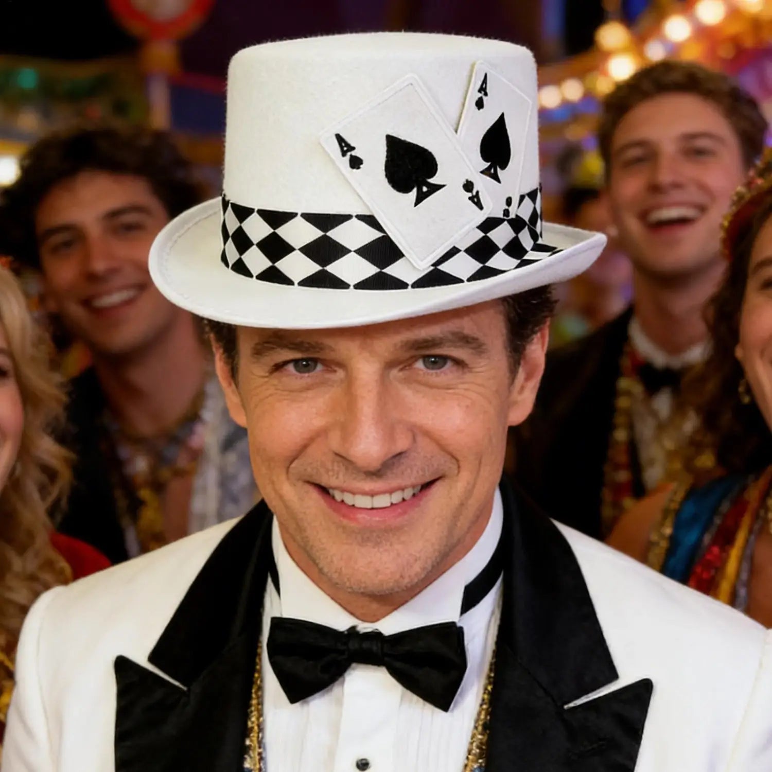White top hat magician playing card costume accessory featuring a black and white checkered band and three spade card designs on the front.