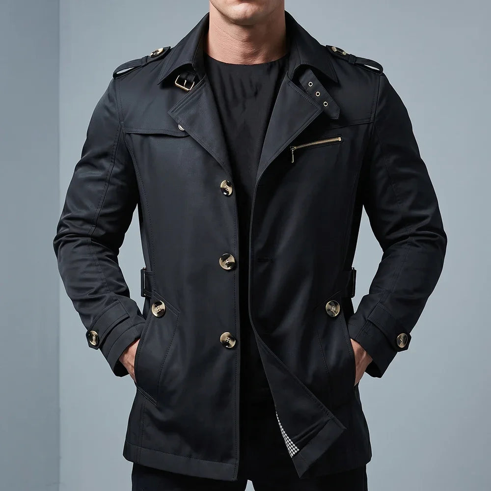 Men's Trench Coat Business Casual Lapel Windbreaker Mid Length Slim Fit Jacket Metal Button Overcoat Outdoor Commuter Outerwear