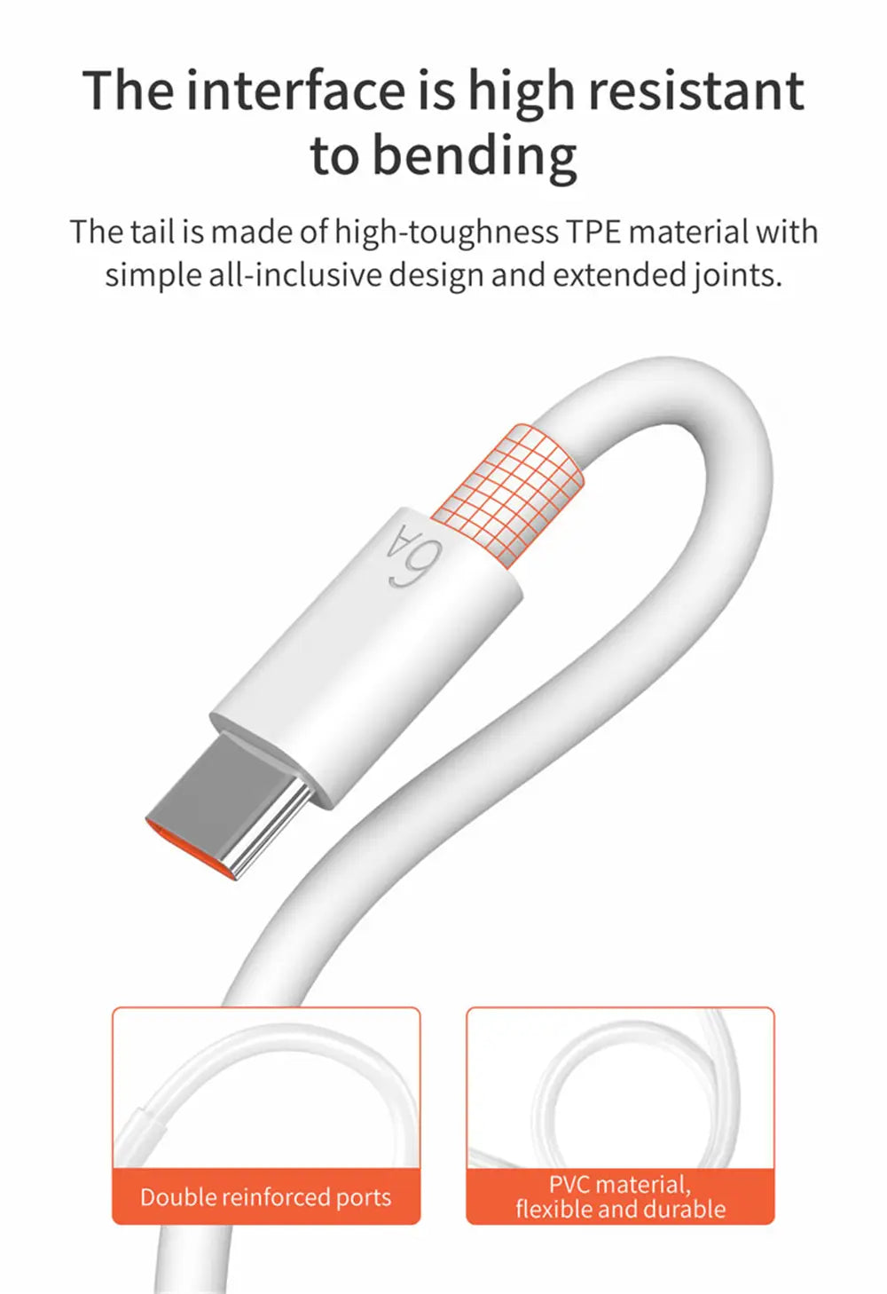 Câble USB-C blanc avec gaine flexible et durable en PVC et ports renforcés inclus avec le chargeur mural UE rapide 66 W