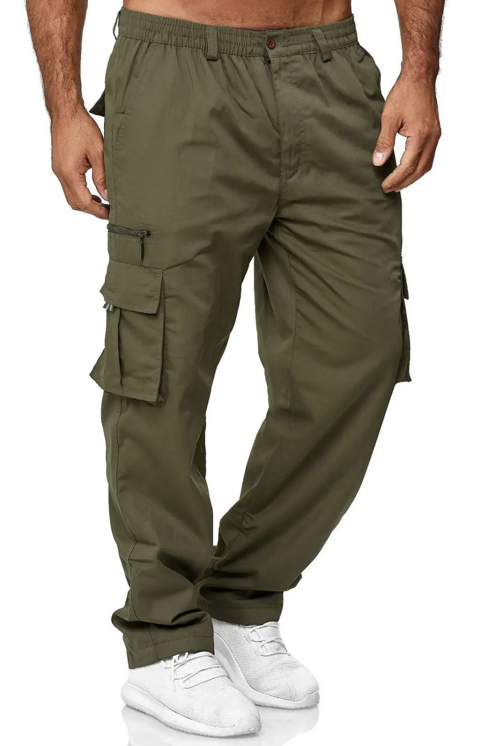 Pantalones cargo casuales holgados para hombre en verde oliva, con múltiples bolsillos y una cinturilla elástica, para mayor comodidad y practicidad.