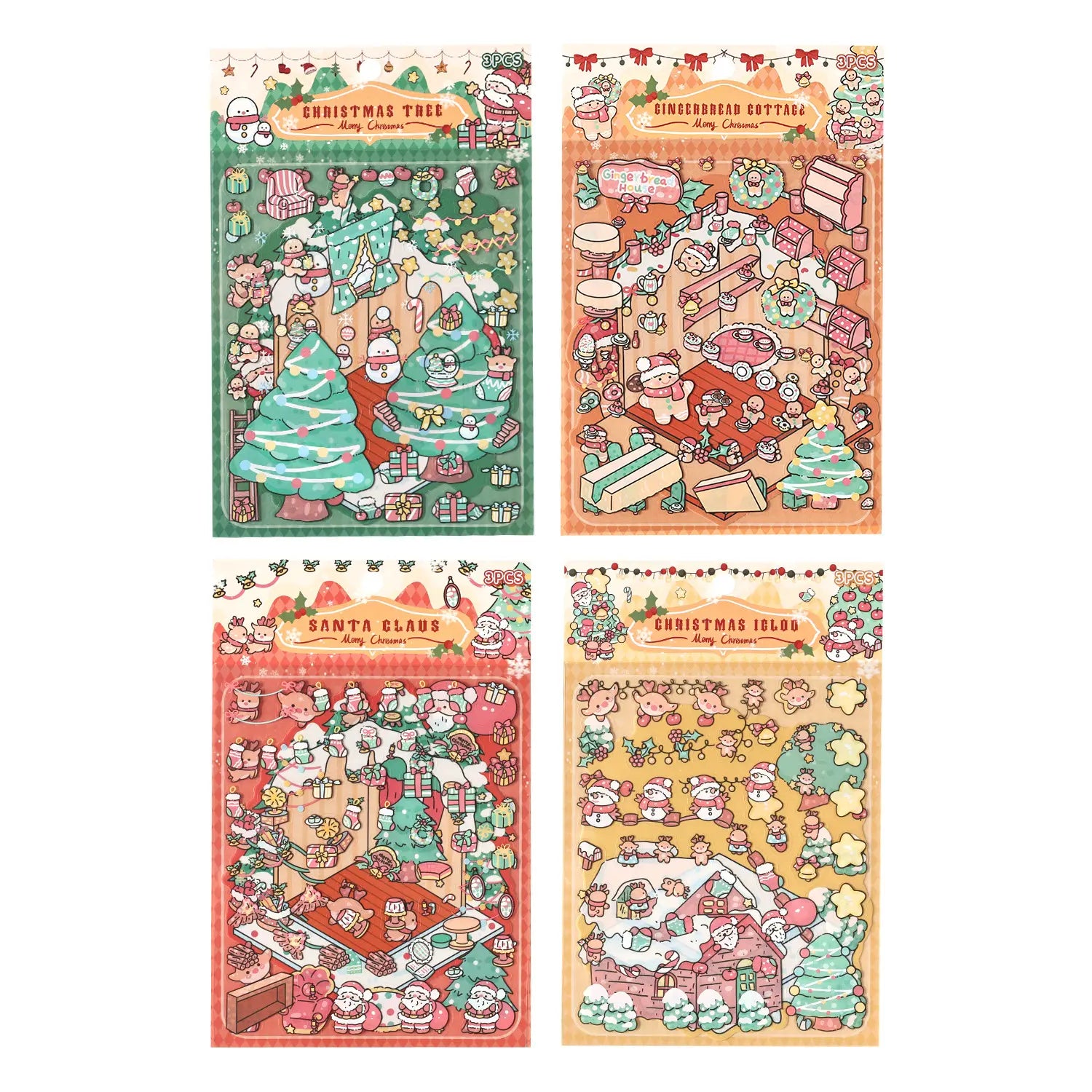 Vier festliche Stickerbogen aus dem Weihnachts-Kinderfilm-Sticker-Set zeigen Pastellgrün, Orange, Rot und Beigetöne mit niedlichen Schneemännern, Bäumen und Lebkuchenhäusern für festliche Dekoaufkleber für das Weihnachtsjournal.