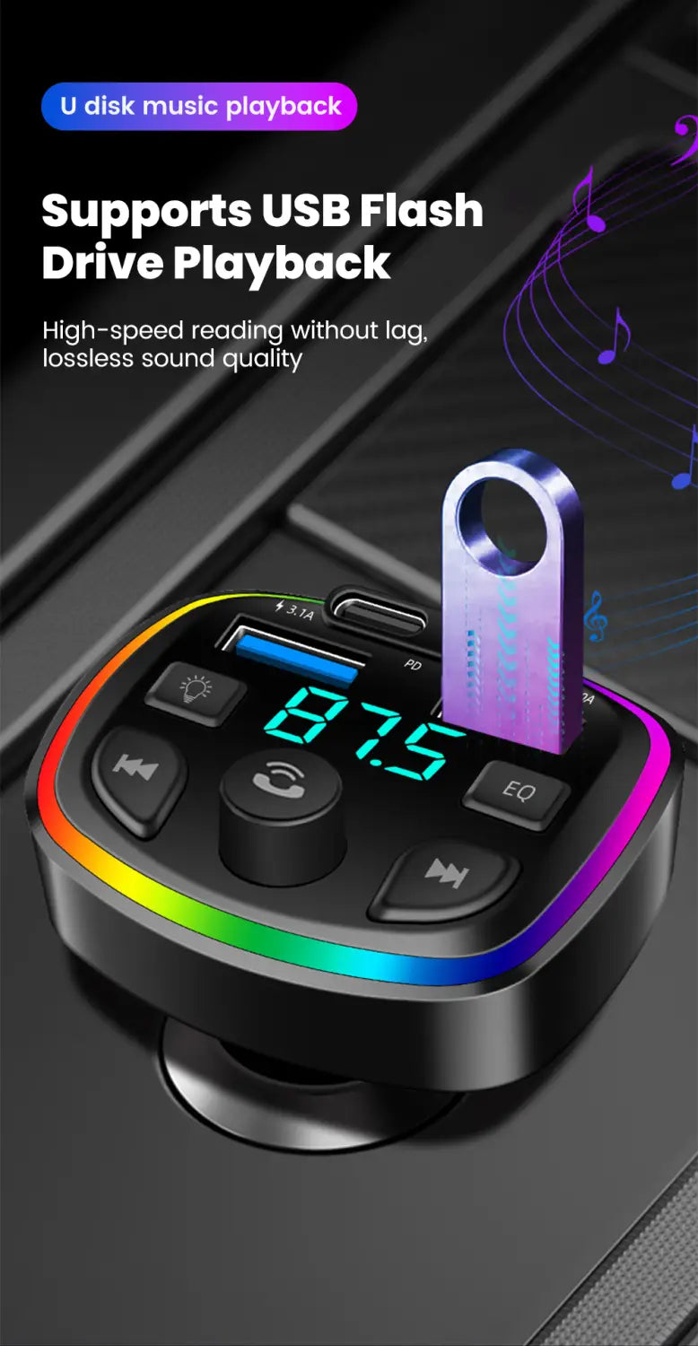 Black Bluetooth FM transmitter car charger with dual USB ports, RGB rainbow LED lighting around the edge, digital display showing 87.5 radio frequency, and control buttons for music playback functions.