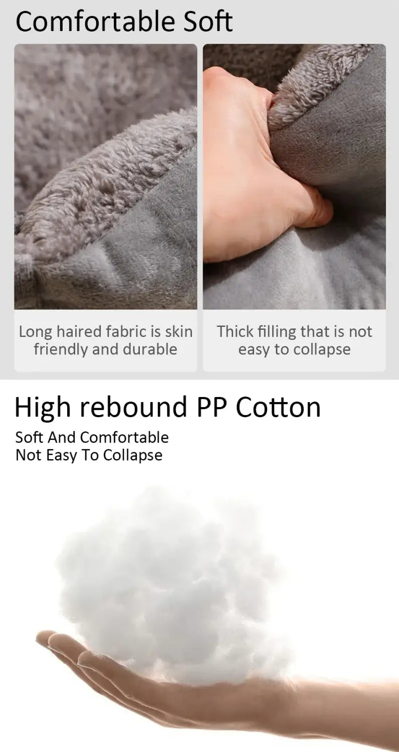 Gray plush rectangular cat bed features long-haired fabric and high rebound PP cotton filling for a soft pet cushion.