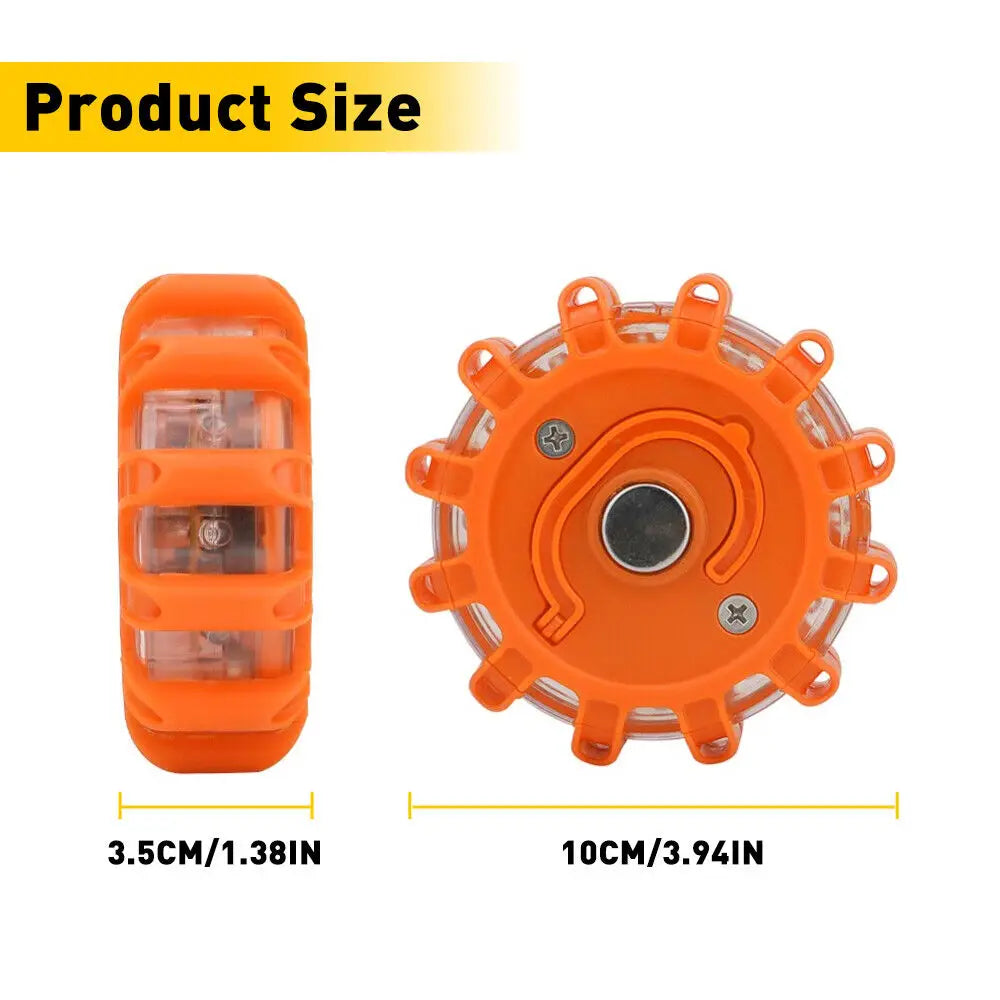 Bright orange circular led road flare emergency safety beacon strobe light with a rugged plastic casing and multiple light-emitting segments.