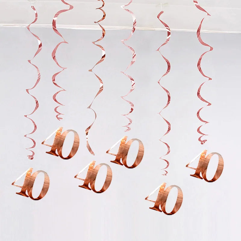 6Pcs/lot Happy Birthday Swirls Decoration 16 20 21 30 40 50 60 70 Years Rose Gold PVC Birthday Party Decorations Supplies