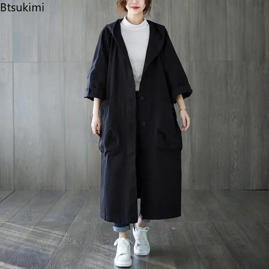 New 2026 Ladies Hooded Trench Coats Solid Loose Single-breasted Long Jacket for Daily Wear Women Windbreaker Casual Outerwear