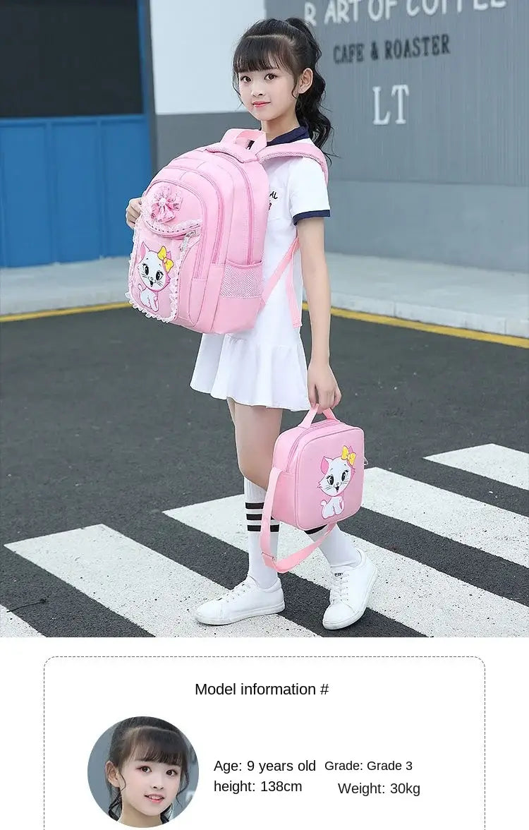 Rosa Schulrucksack im Katzen-Cartoon-Stil für Mädchen mit süßem Katzendesign und dekorativem Spitzenbesatz.