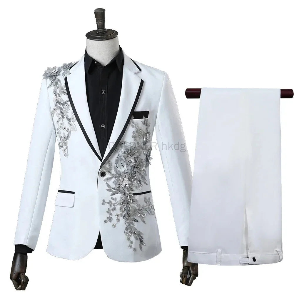 Men's Black Suit with Silver Floral Embroidery 2-Piece Formal Tuxedo Set Stage Performance Wedding Party Blazer and Pants Suit