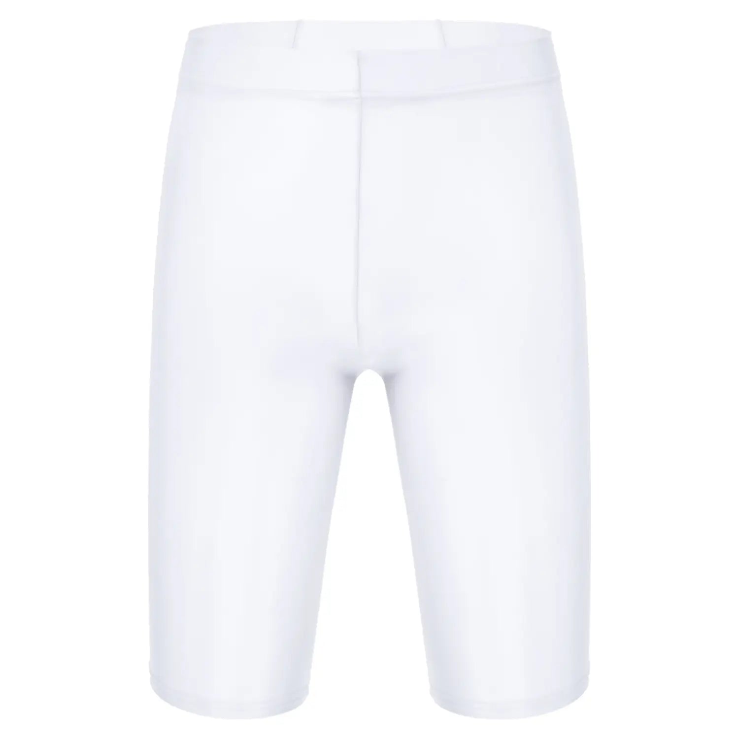 Shorts blancos elegantes y ajustados, con tejido brillante liso y diseño minimalista que complementan la camiseta de compresión para hombre de manga larga y acabado brillante para un rendimiento atlético