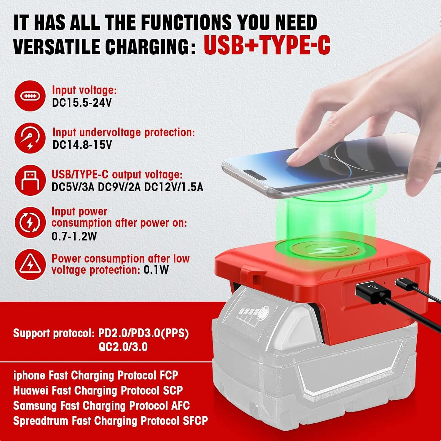 Banco de energía inalámbrico portátil rojo y blanco con salida USB-C, diseñado para una carga rápida de dispositivos compatibles mediante protocolo de carga rápida para baterías Makita, DeWalt y Milwaukee de 18 V