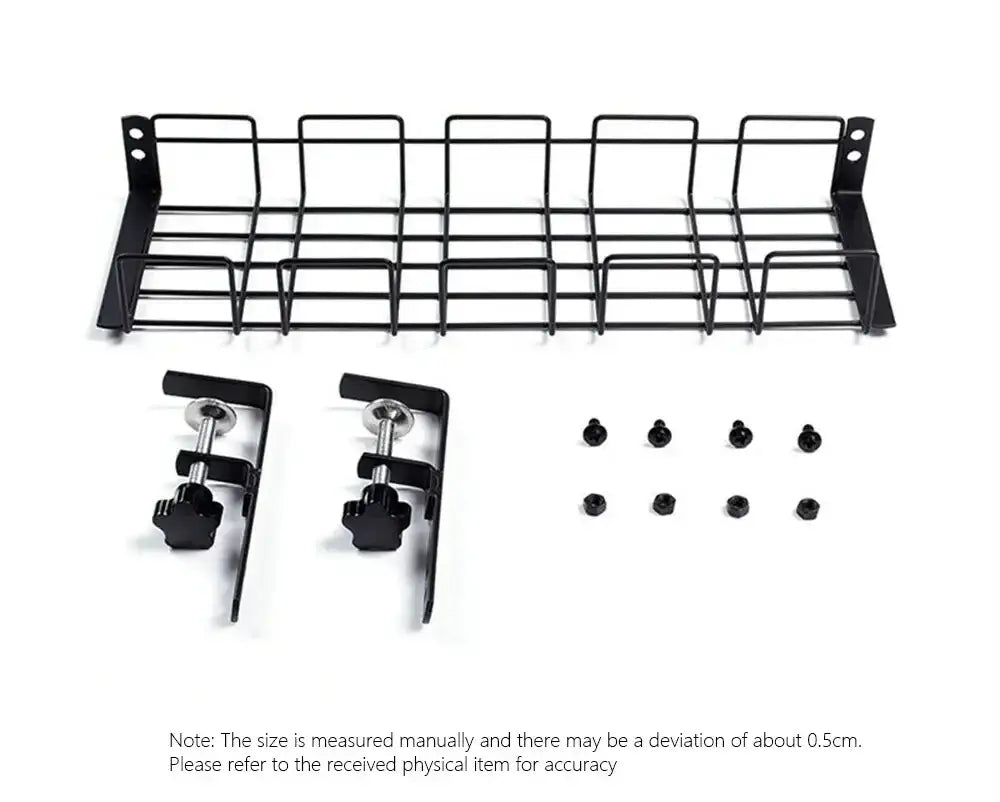 black metal wire under desk cable management tray with two mounting brackets and screws for organized wire storage