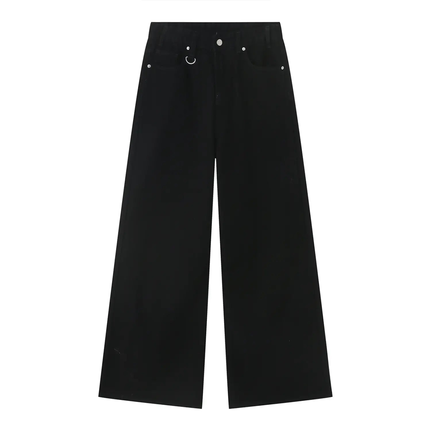 Men’s vintage wide leg baggy denim jeans in black featuring a high waist silver-toned metal buttons and a distinctive circular ring detail at the front.