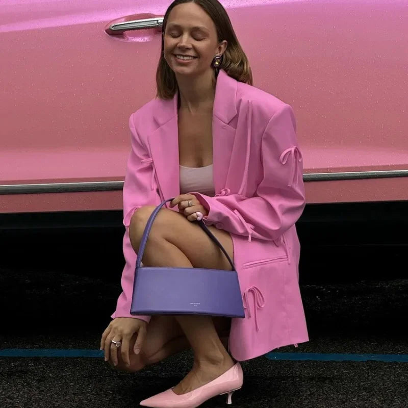 Elegant Women Suit Blazer Top Y2K Fashion INS Autumn Pink Bow Long Sleeve Single Breasted Pocket Jacket Coat Streetwear Outwear