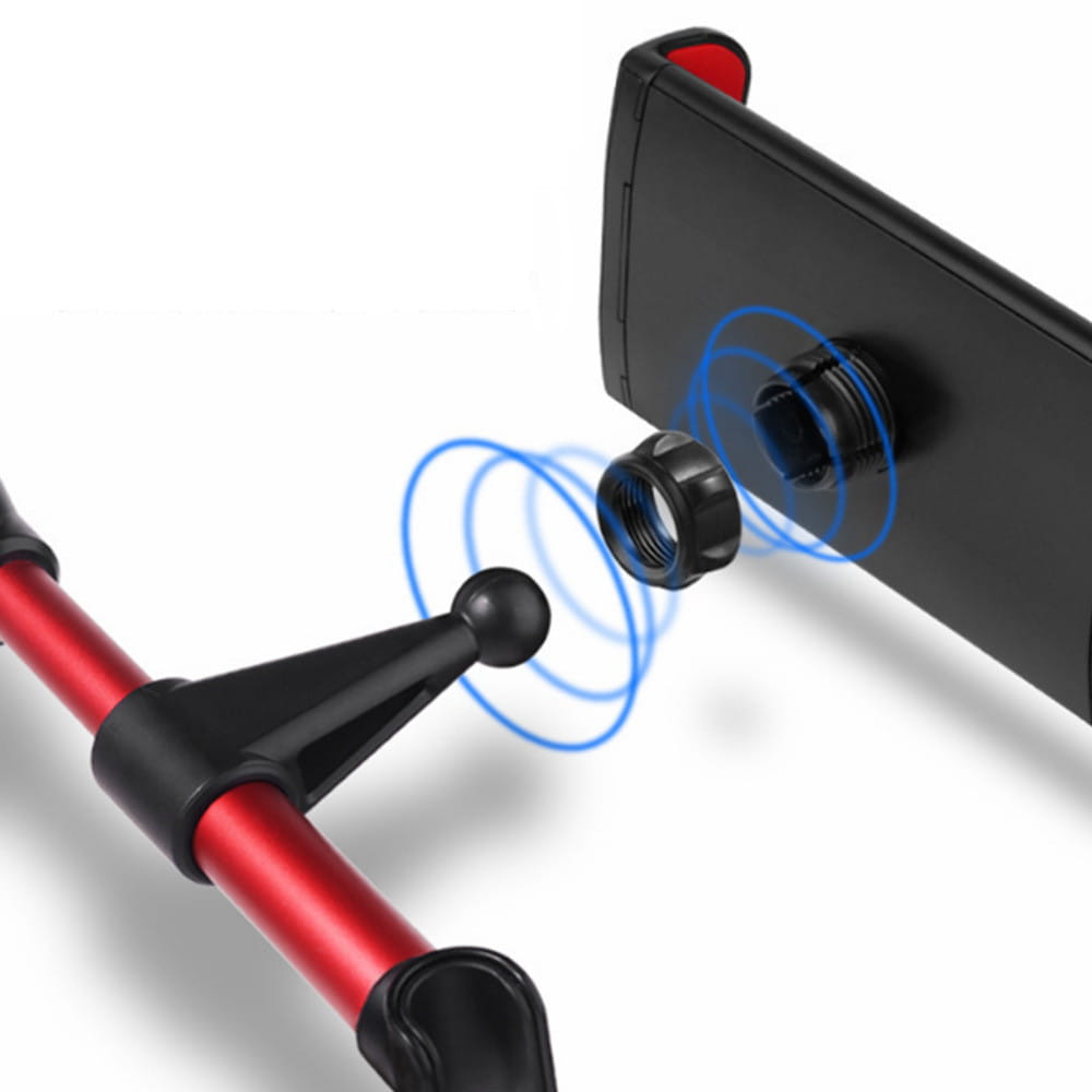 Soporte ajustable para tableta rojo y negro con abrazadera magnética para montaje en reposacabezas de automóvil compatible con dispositivos de 4,7 a 13 pulgadas.