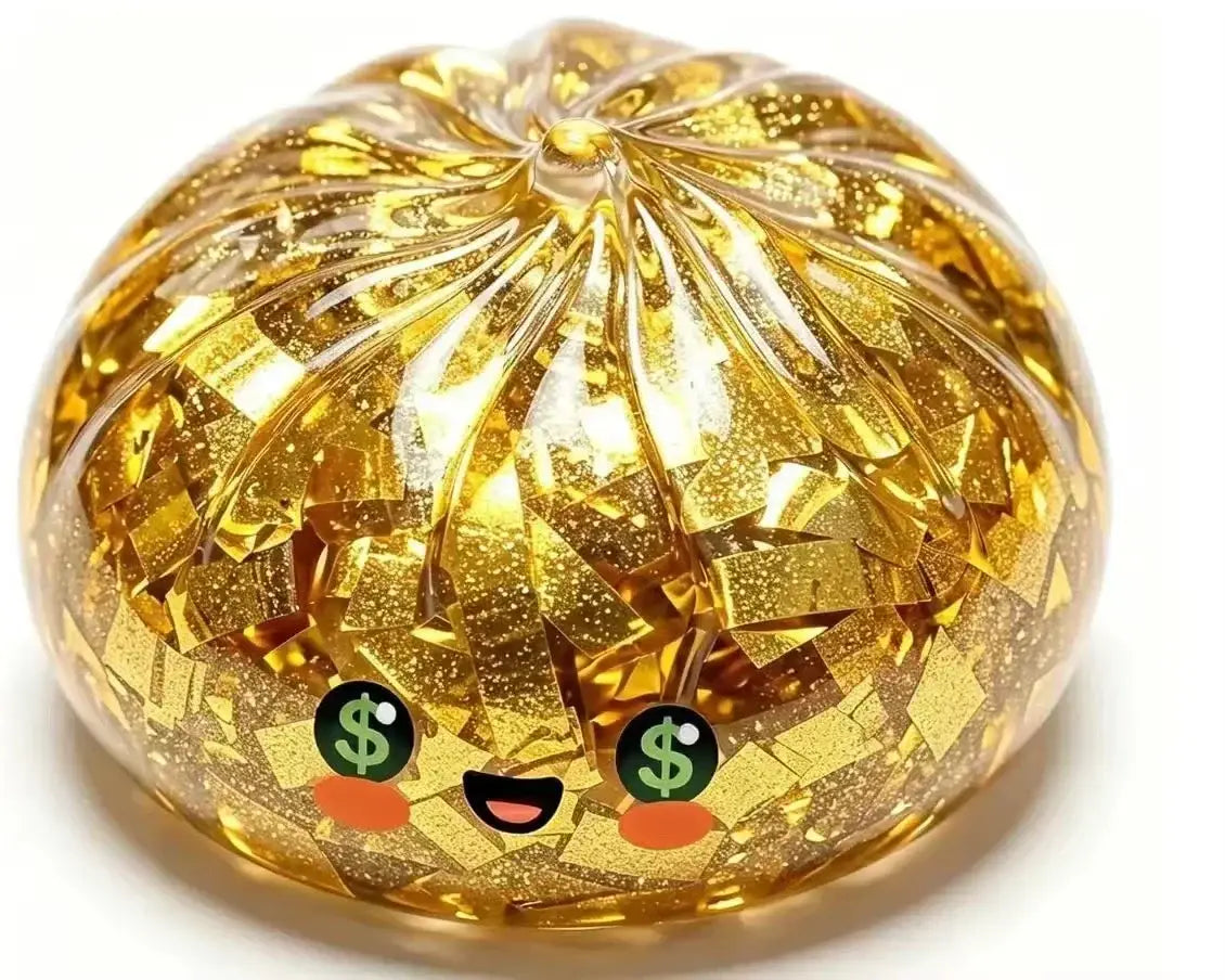 Jouet à mâcher et à malaxer en forme de fromage, translucide doré, conçu pour soulager le stress, texture souple et molle, avec des fragments de feuille d’or intégrés et des yeux mignons en forme de symbole dollar, pour un soulagement efficace du stress lié au jouet.