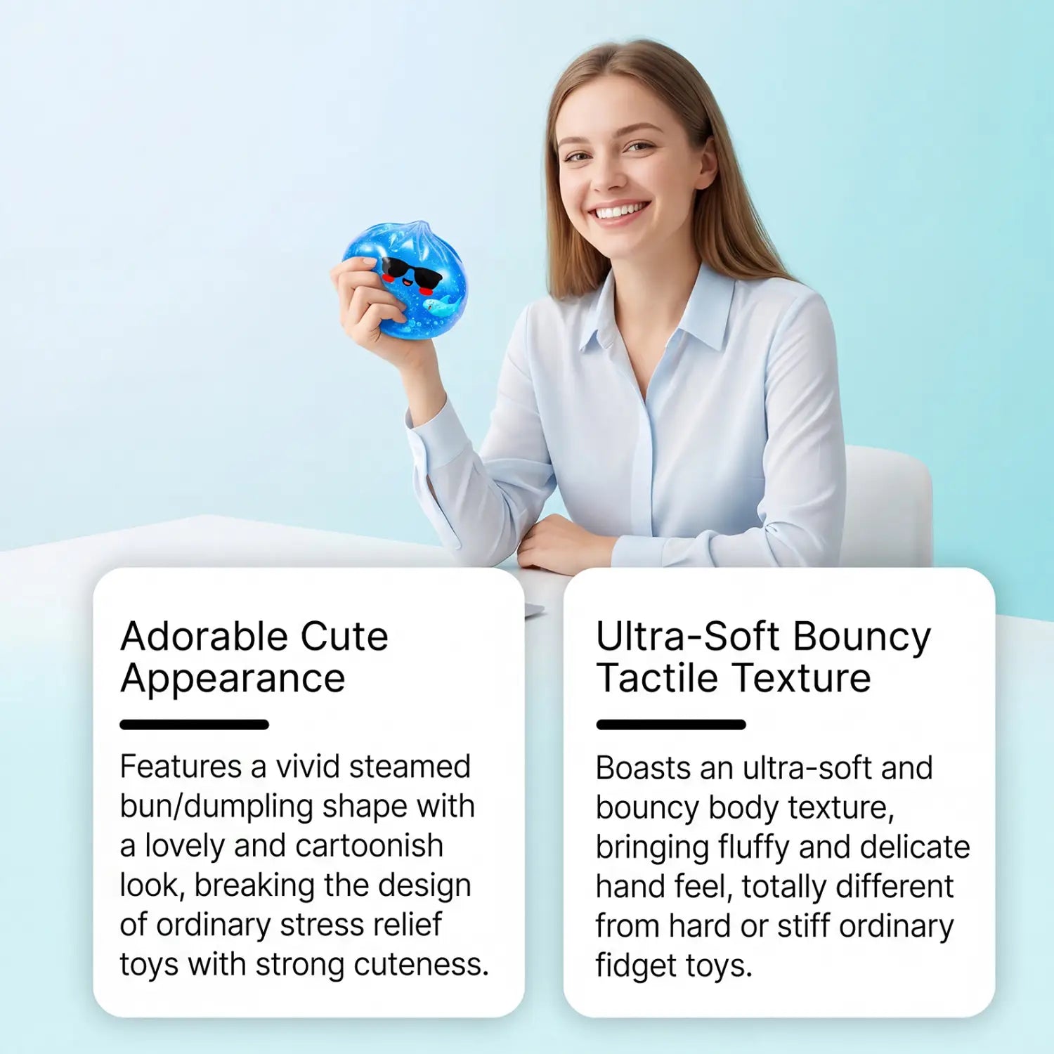A blue steamed bun-shaped squishy dumpling stress ball with black sunglasses made of soft material for finished goods.
