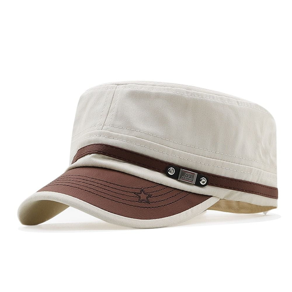 Beige and brown military cadet baseball cap made of adjustable cotton featuring a stitched star detail on the brim.