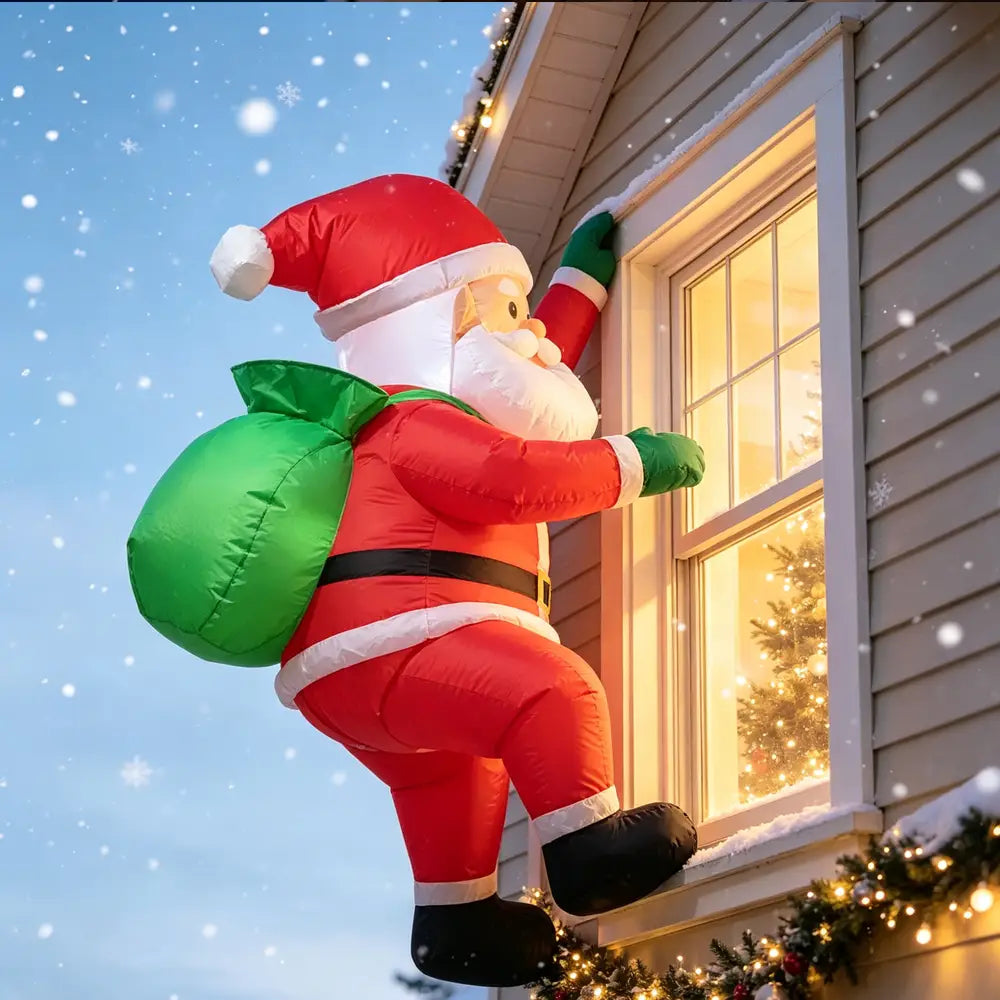inflatable dabbing santa claus yard decoration in red suit with white beard and hat climbing a house window carrying a green sack
