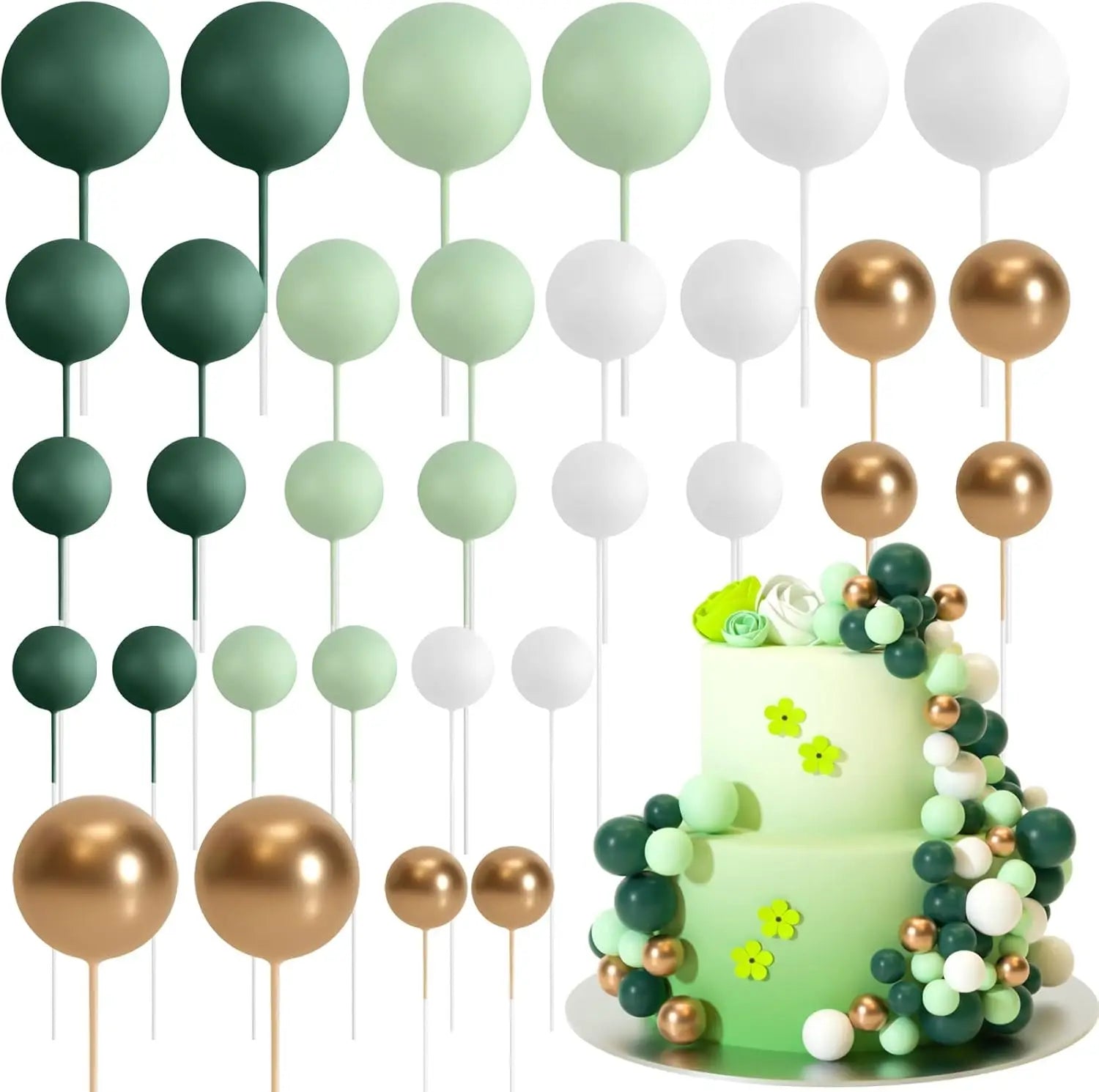 ensemble de toppers ronds pour gâteau en finition mate vert, menthe douce, blanc et or métallique, inclus en lot de 20 pièces joyeux anniversaire ballon gâteau doré et argenté en mousse ballon mariage fête d’anniversaire décoration diy décoration maison