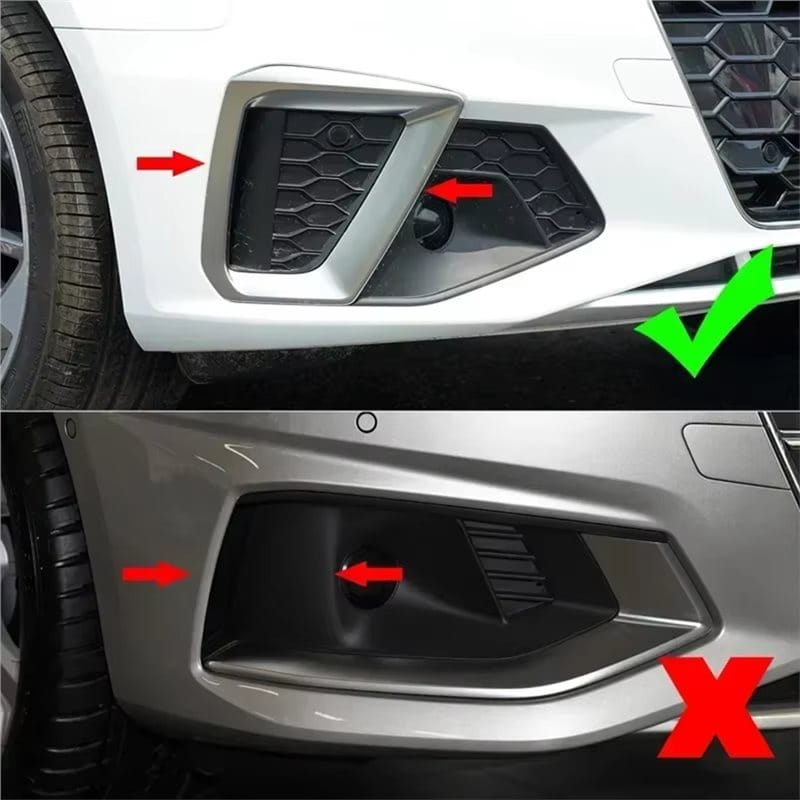 Silver metallic front bumper accent trim for Audi A4 B9 fog lamp cover 2020 2024 featuring a sleek angular design with integrated honeycomb mesh pattern and polished edges.