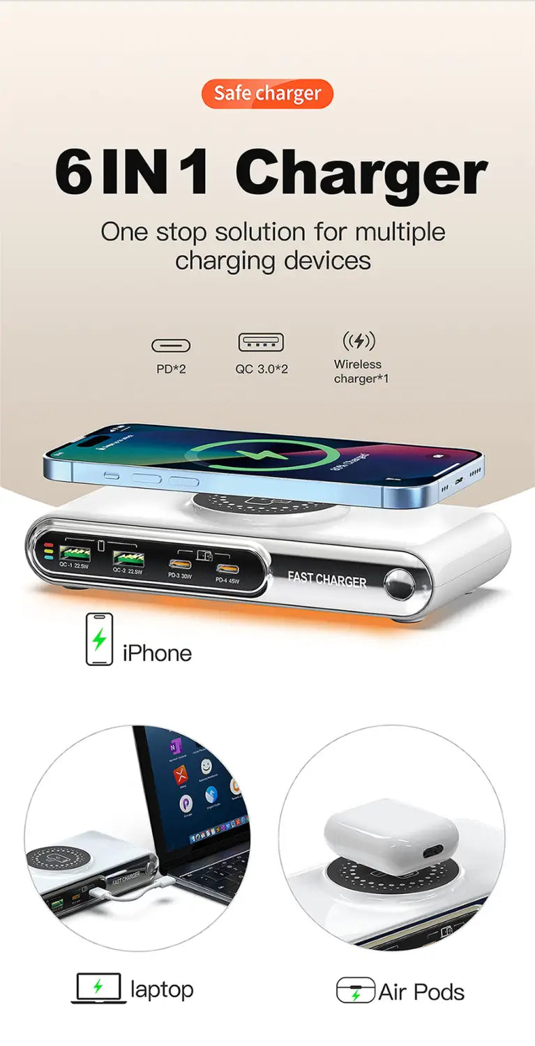 White 72w 6-in-1 wireless charging station featuring multiple ports and a fast wireless charging pad for versatile device charging.