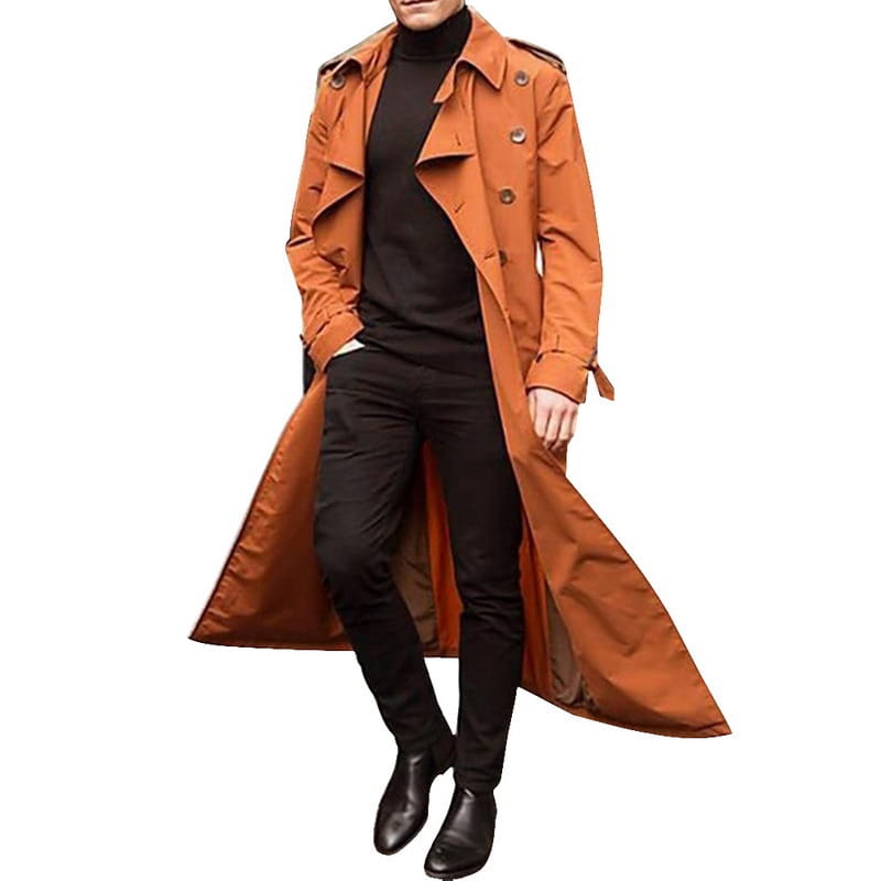 Ein stilvoller orangefarbener Herren-Langmantel mit klassischem Doppelreiher-Design und passenden Knopfverschlüssen für Business-Casual-Kleidung.