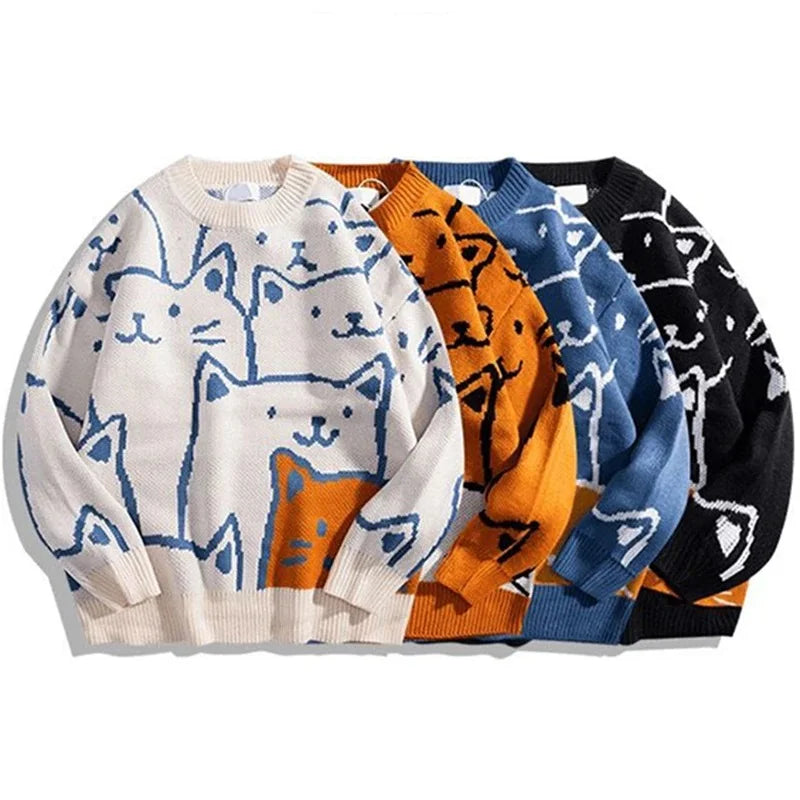 Cartoon Cat Knitted Sweater Men Japanese Retro Harajuku Knitwears Pullover Autumn Winter Jumper Knit Oversized Vintage Sweater
