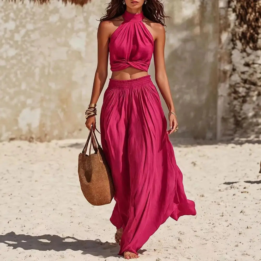 Women's 2 Piece Outfits, High Neck Halter Sleeveless Top And Wide Leg Pants Women's Summer Matching Set Summer Vacation Outfits