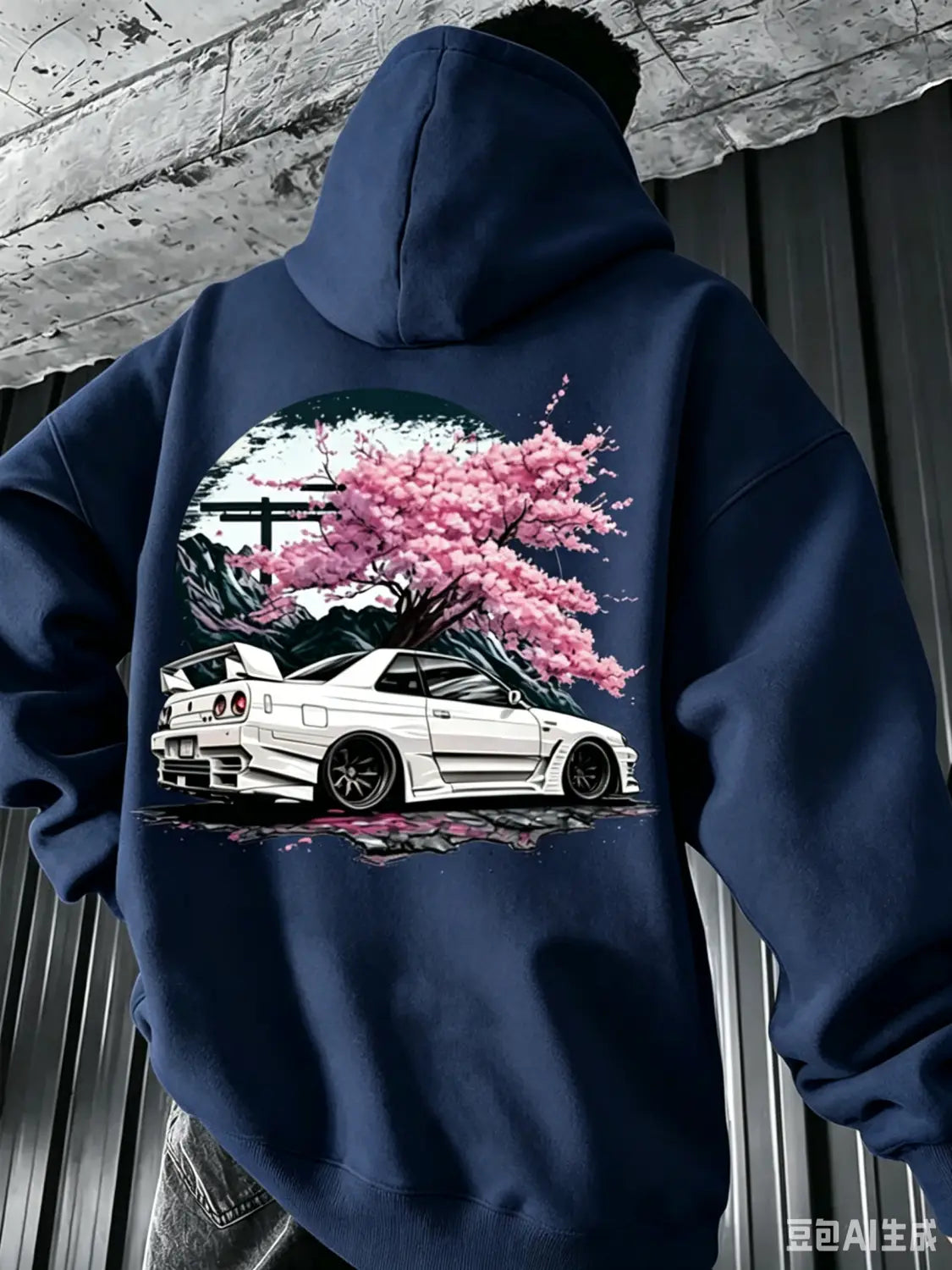 A navy blue Jdm Skyline Cherry Blossom men hoodie featuring a vibrant graphic of a white sports car beneath a pink cherry blossom tree against a dark circular backdrop.