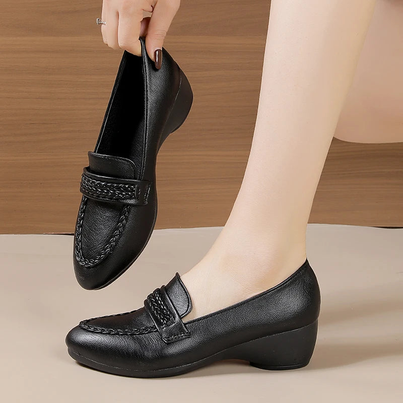 Wedge Loafers for Women Vintage Braided Leather Shoes Elegant Round Toe Pumps Office Lady Work Footwear Casual Slip-on Shoes
