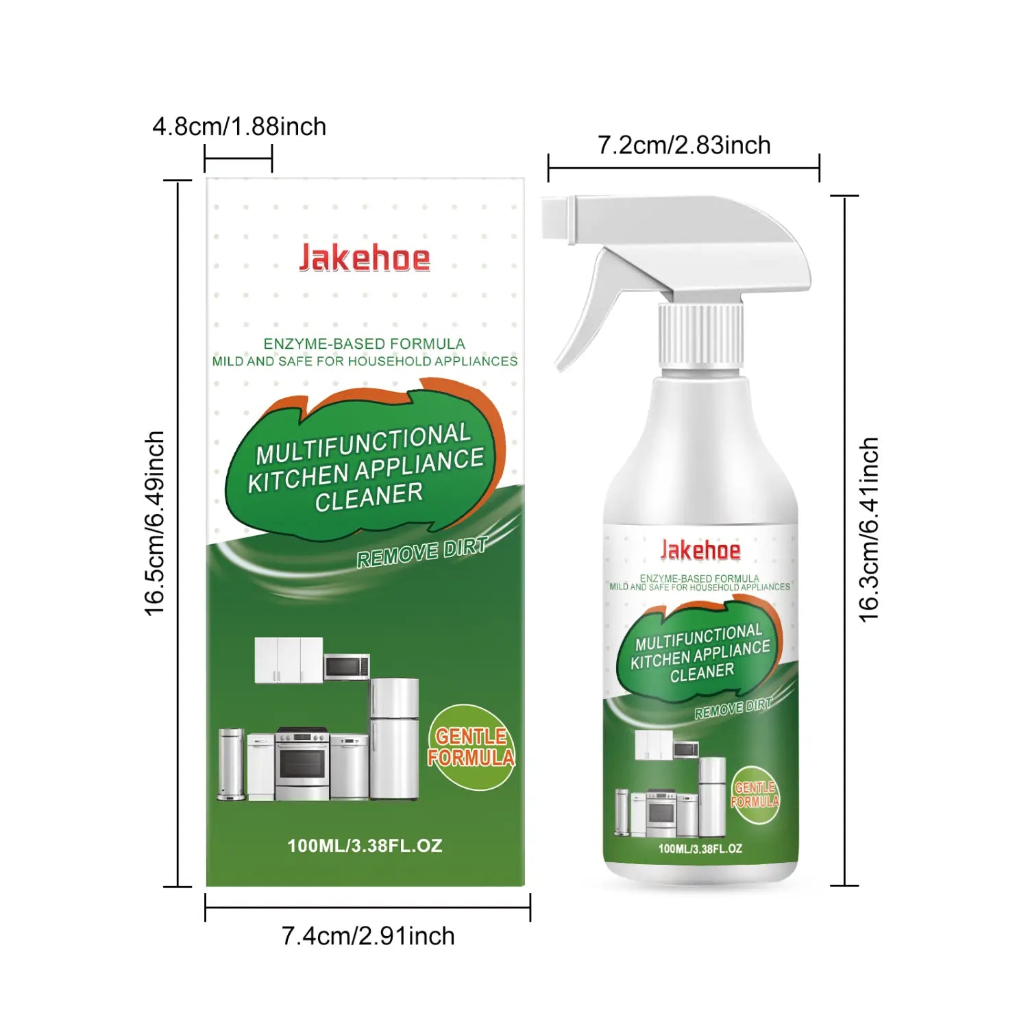 White spray bottle with green and orange label branded as jakehoe multifunctional kitchen appliance cleaner degreaser spray for effective grease removal.