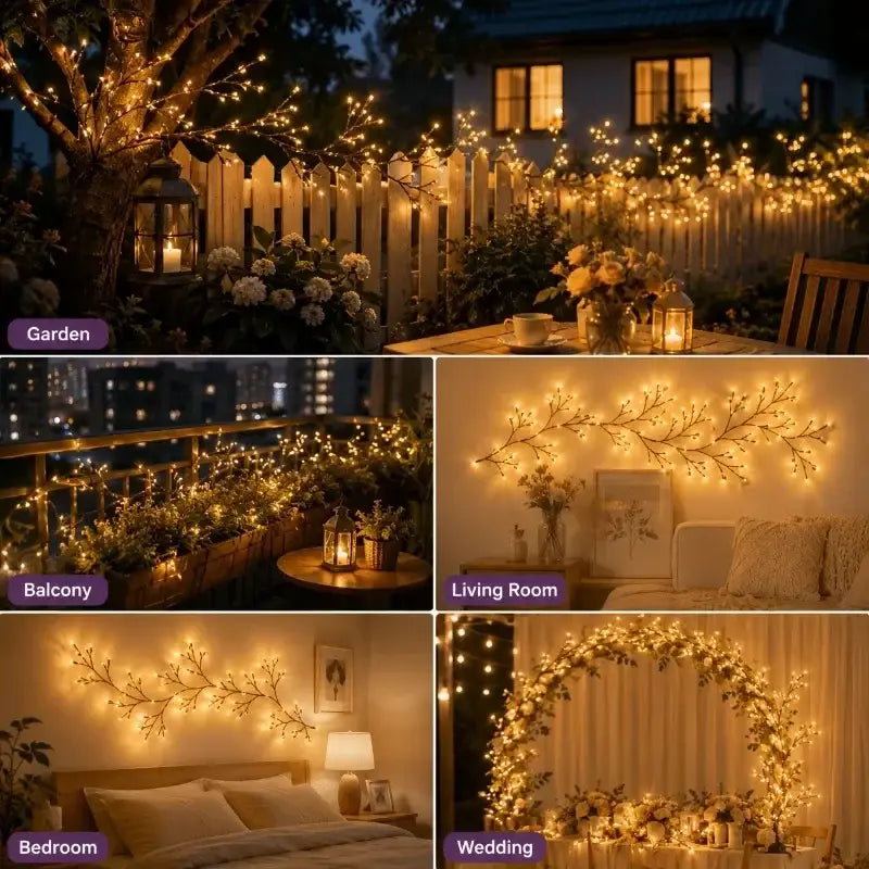 Guirlande d’éclairage féerique en rotin de saule avec LED dorées chaudes, au motif délicat de branches, présentée dans divers contextes décoratifs et alimentée par USB.