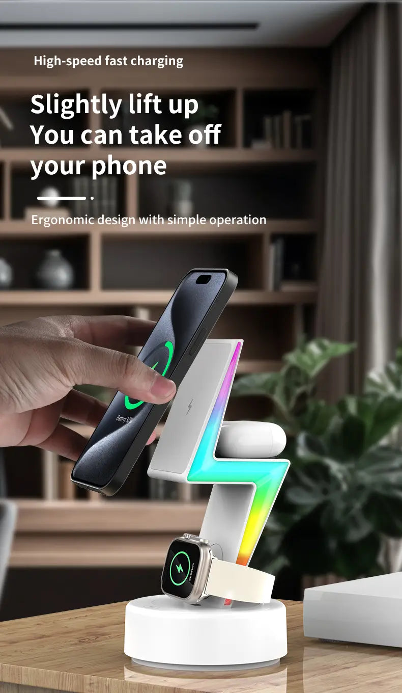 white wireless charging 3 in 1 rgb stand magnetic with rainbow led lighting and lightning bolt design featuring high wireless charging output power.