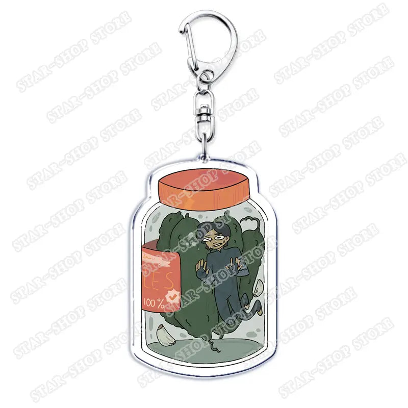 Clear acrylic Amphibia anime keychain shaped like a jar with an orange lid featuring a cartoon character illustration inside.