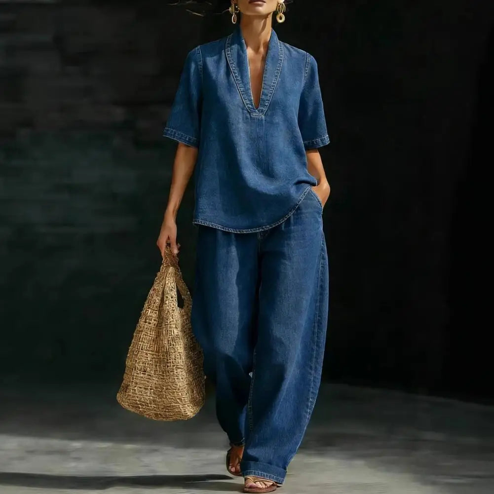 Women's 2 Piece Denim Outfit Summer Short Sleeve V Neck Lapel Top Wide Leg Pants With Pockets Casual Vacation Sets