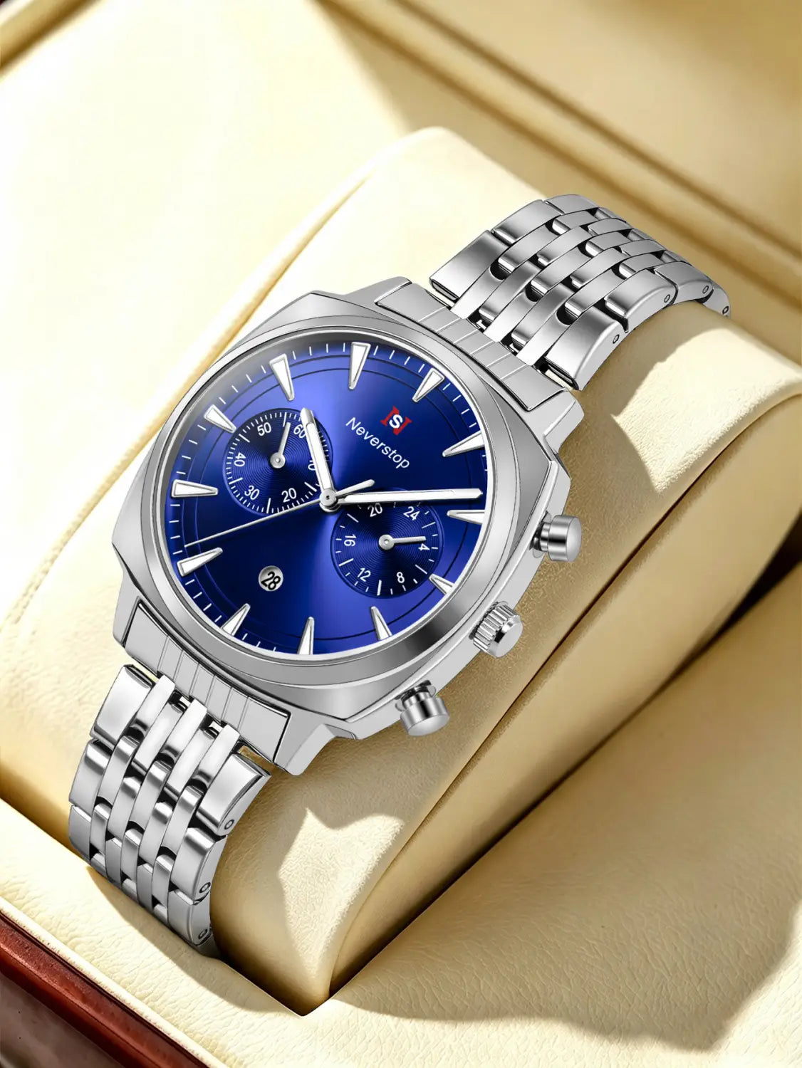 Men’s stainless steel chronograph watch with a silver-tone case, vibrant blue dial, three subdials, and the Neverstop brand logo.