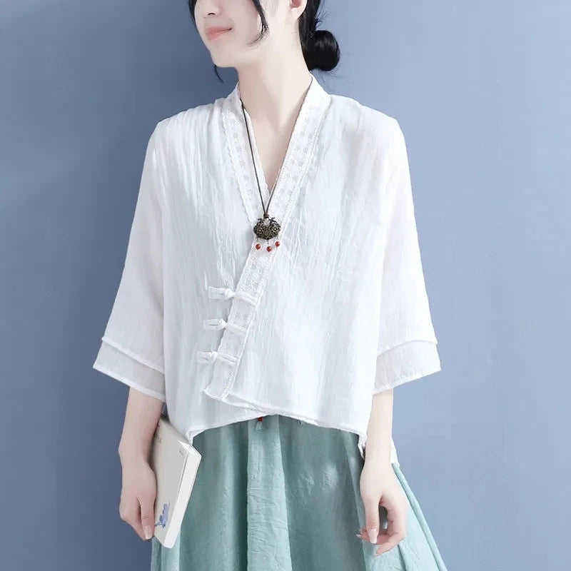 Ethnic Styly Women Tops New Summer Slanted Lapel Three-quarter Sleeve Shirts Vintage Lace V-Neck Loose Cotton Linen Shirt Blouse