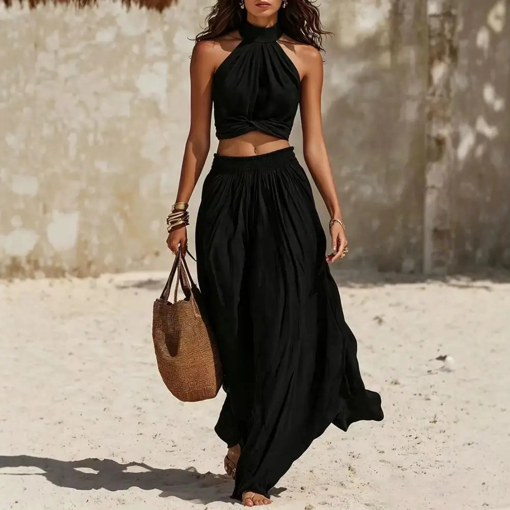 Women's 2 Piece Outfits, High Neck Halter Sleeveless Top And Wide Leg Pants Women's Summer Matching Set Summer Vacation Outfits