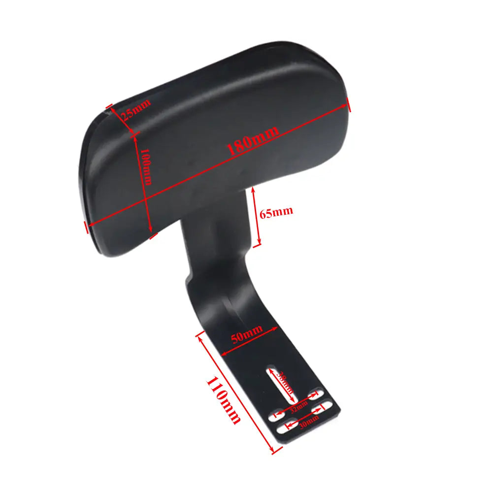 Reposabrazos de plástico negro con forma ergonómica moldeada y soporte de montaje mostrado desde el lado posterior para el conjunto de almohadilla del respaldo del asiento trasero de patinete eléctrico.