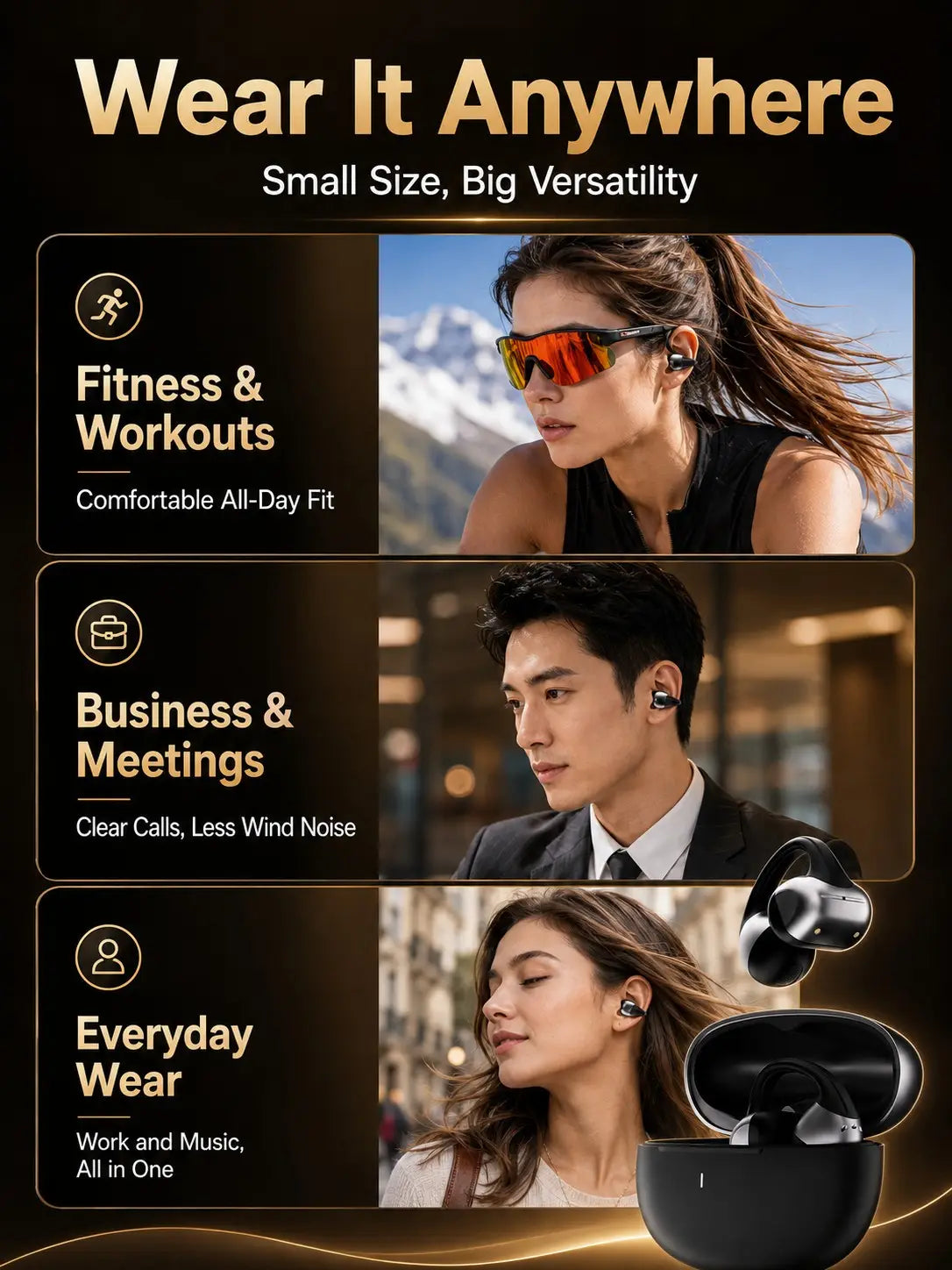 écouteurs Bluetooth à clip sur l’oreille ouverte noirs, avec des accents métalliques élégants et une fonction de contrôle tactile, aux côtés d’un étui de charge compact