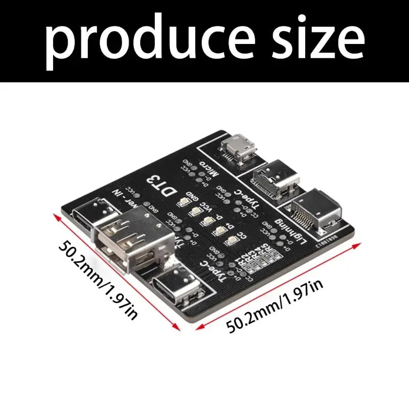 Schwarze rechteckige USB-Kabeltester-Adapterplatine mit mehreren Anschlüssen, einschließlich Typ-C-, Lightning- und Micro-USB-Steckverbindern, zum Testen von mobilen Gerätekabeln.