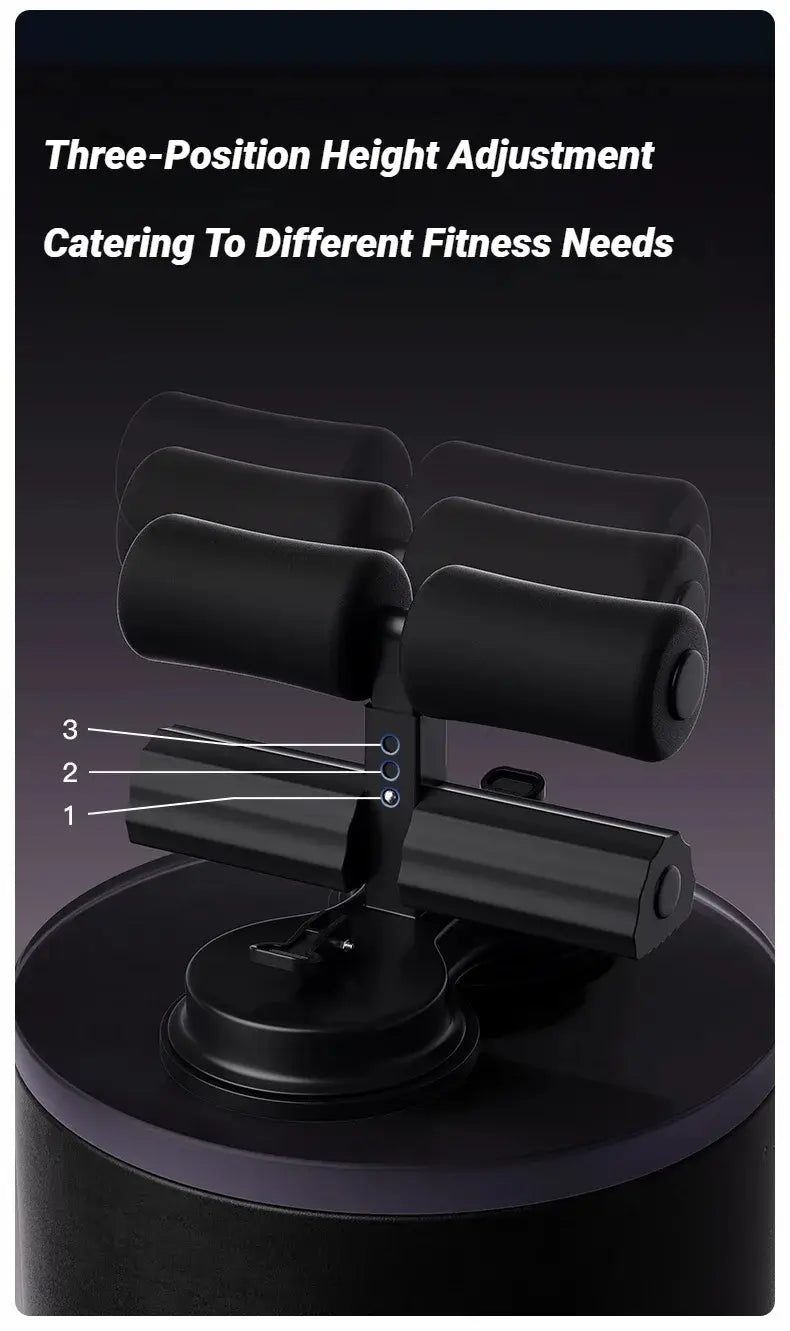 Rodillo abdominal ajustable en negro con tres niveles de altura, diseñado para distintos niveles de condición física, con soporte ajustable del tobillo de la barra de ventosas para abdominales.