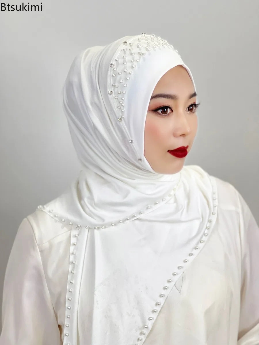 New Women's Headscarf Convenient Pullover Caps Muslim Hijabs Bead Scarf Malay Solid Color Long Shawls Islam Head Warp for Women