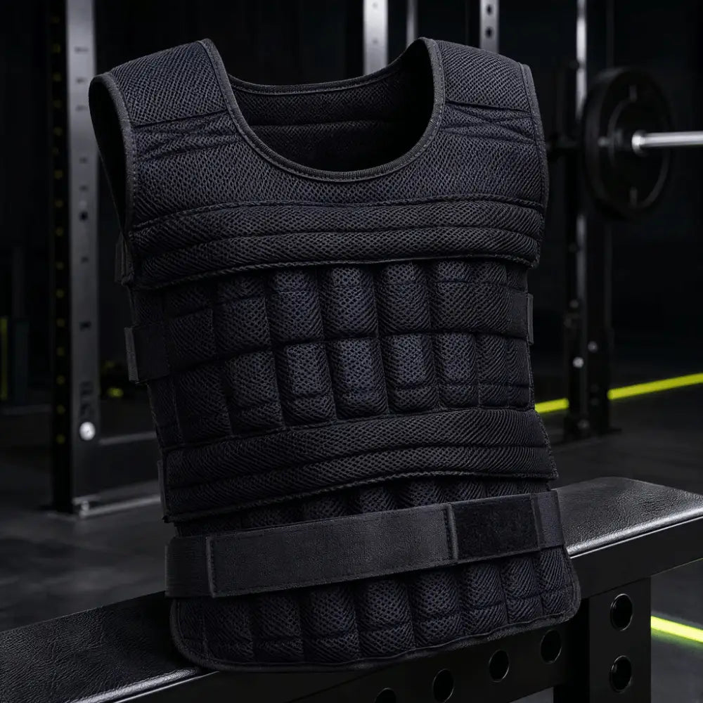 black mesh weight vest with adjustable straps and padded sections featuring sandwich mesh design for fitness training and weight blocks insertion