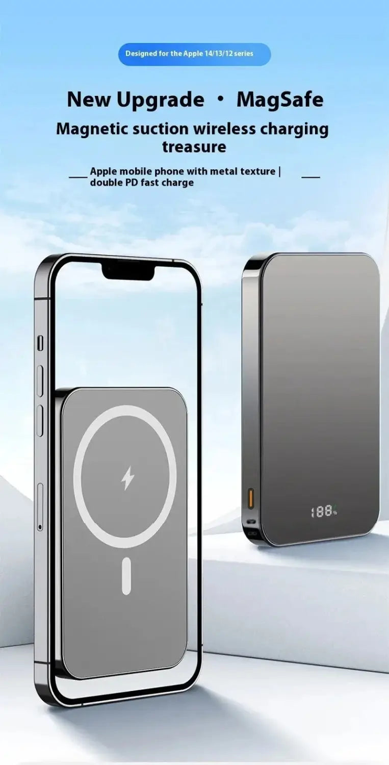 Silberne Magsafe-Kabellose-Lade-Powerbank mit elegantem metallischem Finish und minimalistischer Gestaltung, mit der Modellnummer 188, ausgelegt für schnelles Laden.