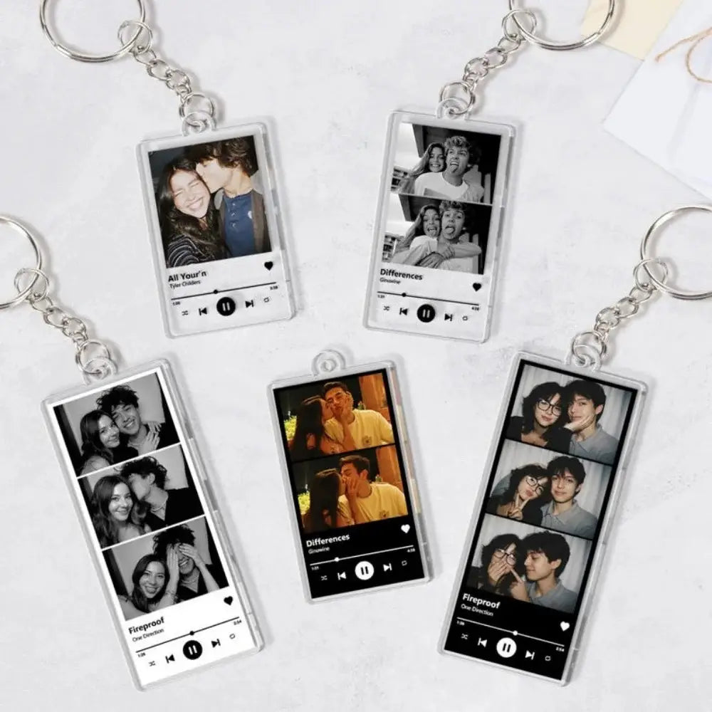 clear rectangular custom spotify music player keychain photo acrylic keyring featuring personalized photo album designs with song titles and playback controls