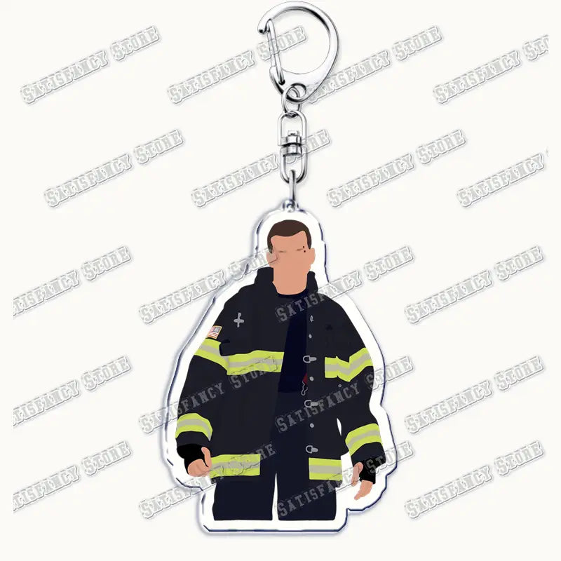 Black and yellow firefighter figure keychain with clear acrylic body and silver metal clasp from 9-1-1 TV show acrylic keychain firefighter gift.